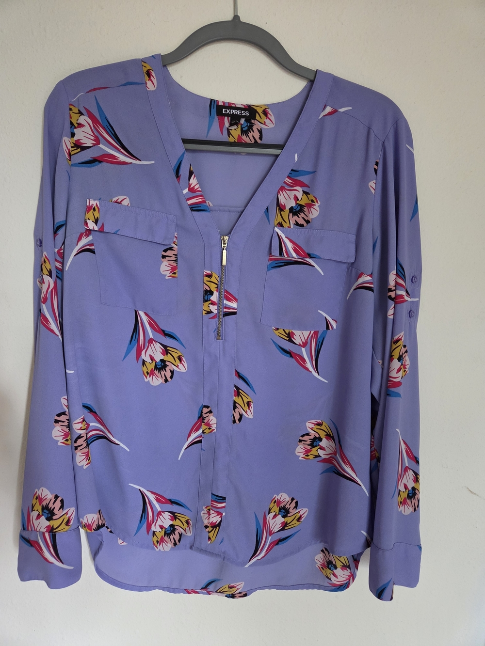 Express Lavender Floral Zip-Front Blouse